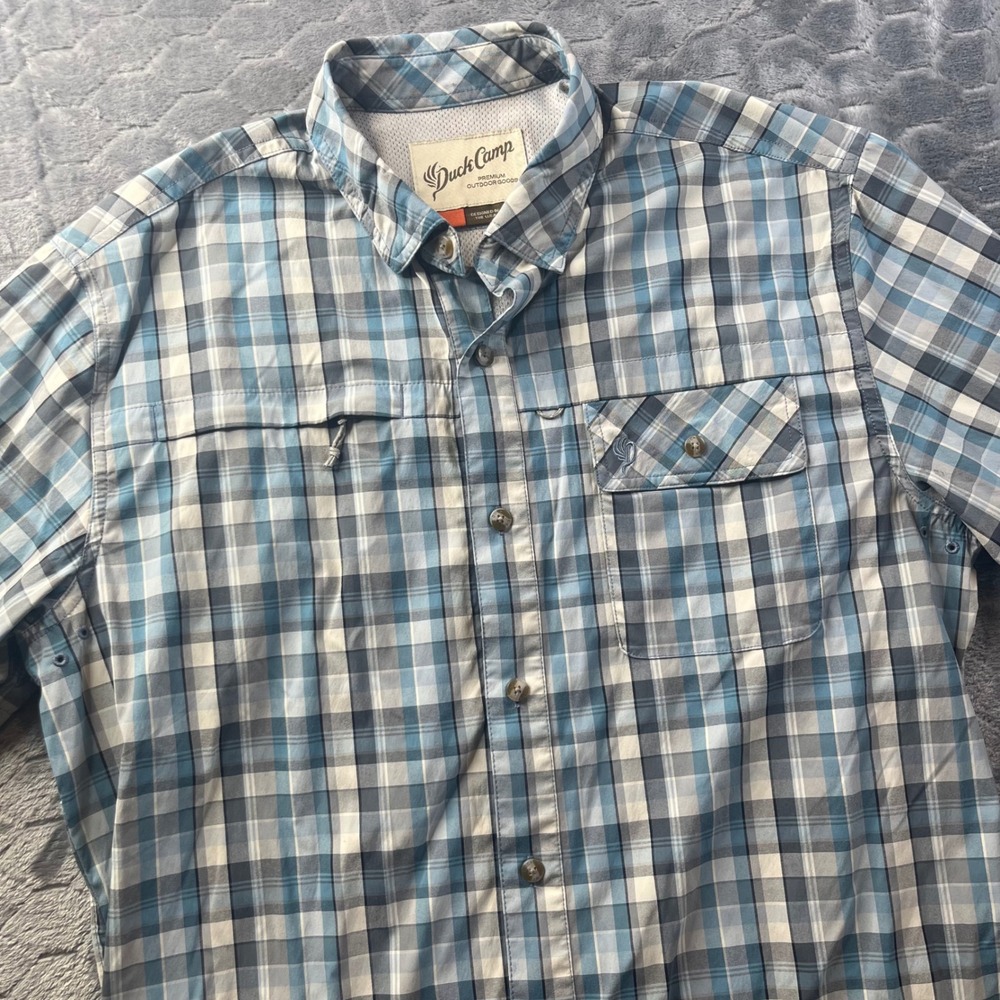 Duck Camp Fishing Shirt Mens Large Blue Plaid Short Sleeve Vented Performance